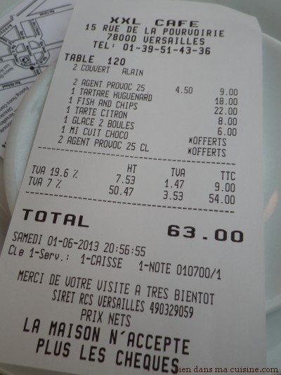 L'addition. Rien à redire, au vu de la qualité, de la quantité et des belles découvertes de l'apéritif au dessert.