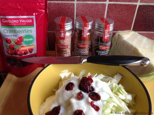 Etape 1 : chou + yaourt + cranberries, sel, poivre.