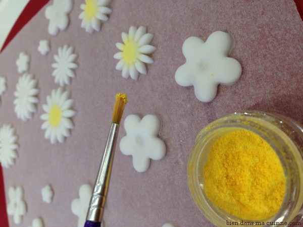 15. on applique du pigment jaune (évidemment comestible) pour faire une vraie marguerite ! Tout est dans le détail... Attention, pas trop de pigment sinon vous allez en mettre partout. Allez-y doucement, et soufflez légèrement pour éliminer le surplus.